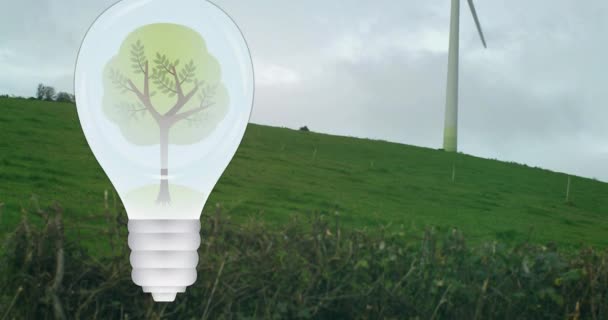 Animación Árbol Bombilla Sobre Turbina Eólica Paisaje Verde Cambio Climático — Vídeo de stock