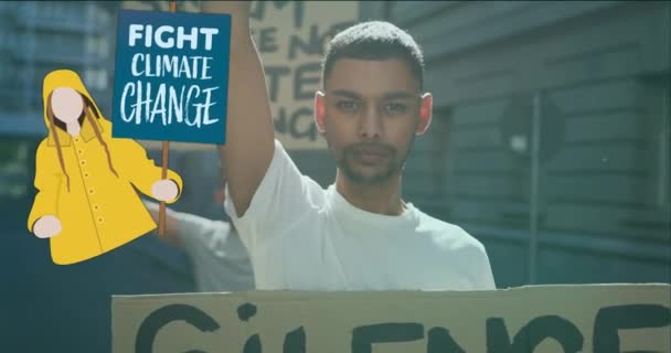 Animação Menina Caucasiana Com Cartaz Luta Mudança Climática Sobre Homem — Vídeo de Stock