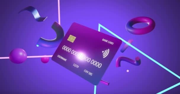 Анимация Кредитной Карты Данными Фиолетовом Фоне Концепция Глобального Онлайн Банкинга — стоковое видео