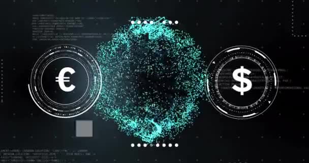 Animation Von Währungssymbolen Mit Datenverarbeitung Über Den Globus Auf Schwarzem — Stockvideo