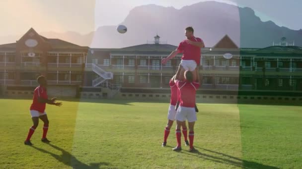 Çeşitli Erkek Rugby Oyuncuları Üzerinde Fildişi Sahilin Animasyonu Küresel Spor — Stok video