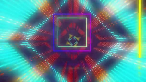 Animation Von Neon Quadraten Über Kaleidoskopisch Farbigen Lichtern Die Sich — Stockvideo