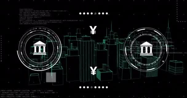 Анімація Валютних Символів Обробкою Даних Над Цифровим Містом Чорному Тлі — стокове відео