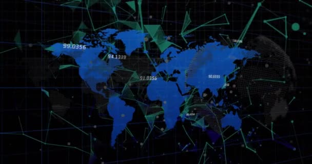 Animatie Van Gegevensverwerking Wereldkaart Zwarte Achtergrond Mondiale Verbindingen Computer Gegevensverwerkingsconcept — Stockvideo