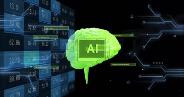 Animatie Van Tekst Hersenen Digitale Gegevensverwerking Zwarte Achtergrond Mondiale Kunstmatige — Stockvideo