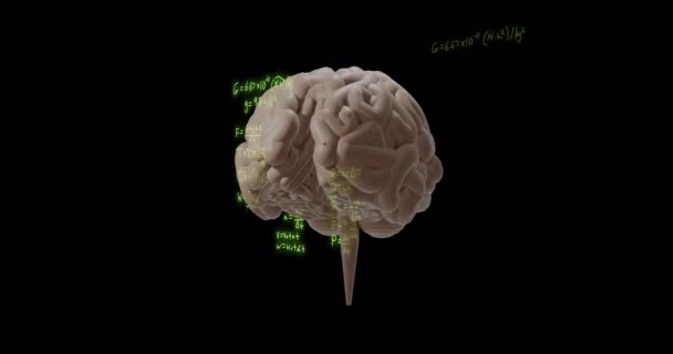 ブラックバックで脳を回転させた数学の方程式のアニメーション デジタルインターフェース コミュニケーション デジタル生成されたビデオ — ストック動画