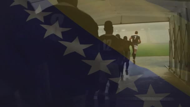 ボスニアとヘルツェゴビナの旗のアニメーション 多様な男性ラグビーチームがピッチに走っています ボスニア チーム スポーツ デジタル生成されたビデオ — ストック動画