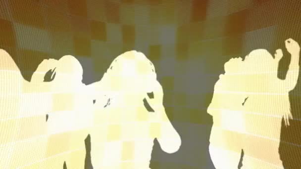 Sarı Şekillerin Üzerinde Dans Eden Insanların Siluetlerinin Animasyonu Parti Müzik — Stok video