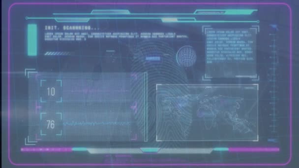 青い背景の指紋によるデータ処理のアニメーション グローバルテクノロジー コンピューティング デジタルインターフェースのコンセプトデジタル生成ビデオ — ストック動画