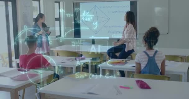 Animação Processamento Dados Matemáticos Sobre Diversos Alunos Escola Inteligência Artificial — Vídeo de Stock
