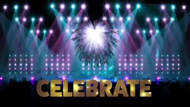 Animation Celebrate Text Stage Lights People Dancing Party Celebration Digital — Stock Video