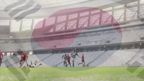 フィールド上の多様なラグビー選手に対する南朝鮮の旗のアニメーション グローバルスポーツ コンピューティング データ処理のコンセプトデジタル生成ビデオ — ストック動画