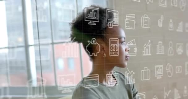 사무실에서 아프리카계 미국인 캐주얼 사업가에 비즈니스 아이콘의 애니메이션 비즈니스 디지털 — 비디오