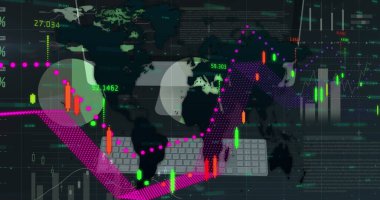 Bilgisayarda finansal veri işleme resmi ve siyah arka planda dünya haritası. Küresel iş, finans ve dijital arayüz kavramı dijital olarak oluşturulmuş görüntü.