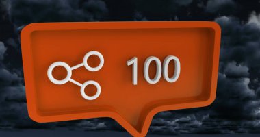 Gökyüzü ve bulutlar üzerinde konuşma baloncuğu üzerinde rakamları olan paylaşım simgesi. küresel sosyal medya ve iletişim konsepti dijital olarak oluşturulmuş görüntü.