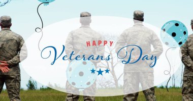 Üç askerin dikiz aynasından bakan mutlu gaziler gündüz mesajları ve balonların kompozisyonu. Vatanseverlik, bağımsızlık, ordu ve dijital olarak üretilen görüntü konsepti.