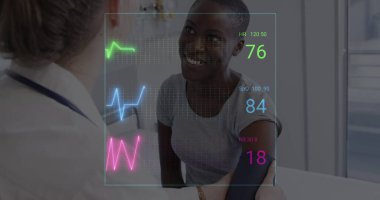Image of colourful cardiographs over happy diverse patient and doctor taking pressure. Medicine, health and digital interface concept, digitally generated image. clipart
