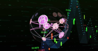 Siyah arkaplanda veri işleme üzerindeki bağlantıların görüntüsü. teknoloji, bilgisayar ve dijital arayüz kavramı dijital olarak oluşturuldu.