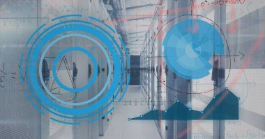 Sunucu odasında matematiksel denklemlerin ve veri işlemenin resmi. Küresel teknoloji, bilgisayar ve dijital arayüz kavramı dijital olarak oluşturulmuş görüntü.