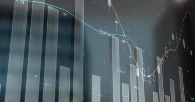 Şehrin üzerinde hareket eden finansal grafiklerin resmi. Küresel ticaret, finans ve ekonomi kavramı dijital olarak üretilen imaj.