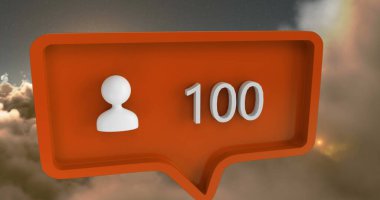 Gökyüzü ve bulutlar üzerinde konuşma baloncuğu üzerinde rakamlar olan insan simgesi. küresel sosyal medya ve iletişim konsepti dijital olarak oluşturulmuş görüntü.