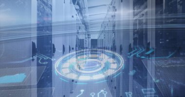 Bilgisayar sunucularıyla teknoloji odasında tarama ve veri işleme görüntüsü. dijital arayüz, küresel teknoloji, bağlantı ve iletişim konsepti dijital olarak oluşturulmuş görüntü.