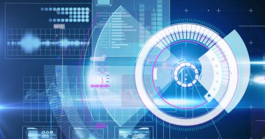 Şebeke ve ekranlarda tarama ve veri işleme alanı görüntüsü. küresel hesaplama ve veri işleme kavramı dijital olarak oluşturulmuş resim.