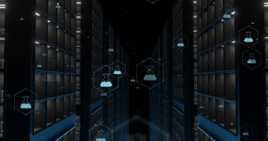 Tıbbi simgeler ve veri işleme ağının resmi. Küresel bilim, tıp, araştırma, hesaplama ve veri işleme kavramı dijital olarak oluşturulmuş görüntü.