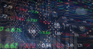 Siyah arkaplanda veri işleme resmi. küresel iş ve dijital arayüz kavramı dijital olarak oluşturulmuş görüntü.