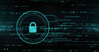 Veri işleme görüntüsü ve siyah arkaplan üzerindeki asma kilit. dijital arayüz ve veri işleme kavramı dijital olarak oluşturuldu.