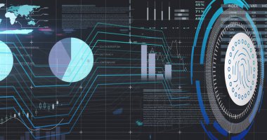 Mavi zemin üzerinde parmak izi simgesi olan veri işleme resmi. Küresel teknoloji ve dijital arayüz konsepti dijital olarak oluşturuldu