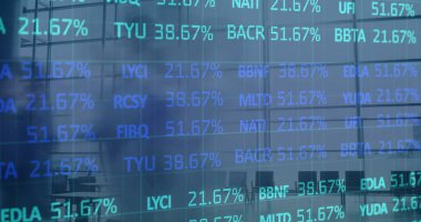 Yoğun ofis üzerinden finansal veri işleme resmi. iş, dijital arayüz ve veri işleme kavramı dijital olarak oluşturulmuş görüntü.