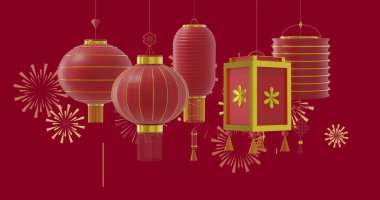 Fenerlerin ve kırmızı arka planda fotokopi alanı olan Çince desenlerin resmi. Çin yeni yılı, şenlik, kutlama ve geleneksel konsept dijital olarak oluşturulmuş imaj.