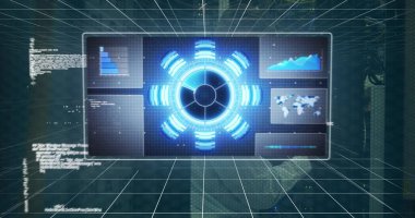 Kapsam taraması ve beyaz tenli bir erkeğin bilgisayar sunucusuyla veri işleme görüntüsü. küresel hesaplama ve veri işleme kavramı dijital olarak oluşturulmuş resim.