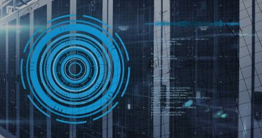 Sunucu odasında veri işleme resmi. küresel iş ve dijital arayüz kavramı dijital olarak oluşturulmuş görüntü.