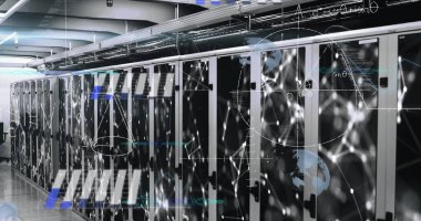 Bilgisayar sunucuları üzerinden istatistik ve bağlantılarla veri işleme resmi. Küresel veri işleme, hesaplama ve bağlantılar konsepti dijital olarak oluşturuldu.