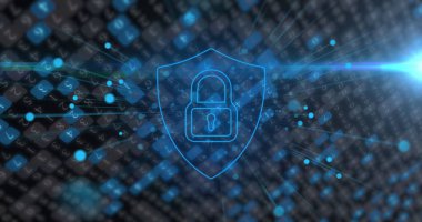 Çevrimiçi güvenlik asma kilit veri işleme ve bağlantı ağlarının resmi. Küresel bağlantılar ve bulut hesaplama kavramı dijital olarak oluşturulmuş görüntü.