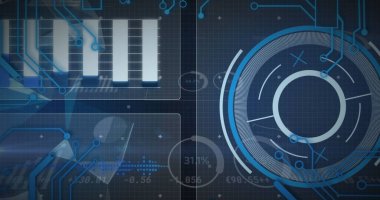 Siyah arkaplanda tarama yapan veri işleme resmi. Küresel teknoloji, bilgisayar ve dijital arayüz kavramı dijital olarak oluşturulmuş görüntü.