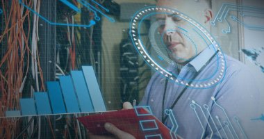 Kafkas sunucu odasındaki dijital arayüz görüntüsü. Küresel bilim, bağlantılar, veri işleme ve dijital arayüz kavramı dijital olarak oluşturuldu.