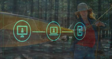 Dijital veri işleme ve kamp yapan beyaz kadınların görüntüsü. Küresel bağlantılar, veri işleme ve dijital arayüz konsepti dijital olarak oluşturulmuş resim.