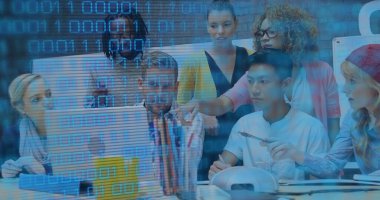 Ofiste çalışan iş adamları üzerinde ikili kodlama ve veri işleme görüntüsü. Küresel iş, finans ve veri işleme kavramı dijital olarak oluşturulmuş görüntü.