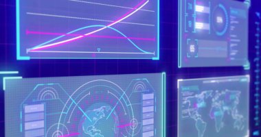 Mavi arkaplanda veri işleme resmi. Küresel bilim, bilgisayar ve dijital arayüz kavramı dijital olarak oluşturulmuş görüntü.