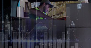 Teslimatçı ve minibüsün istatistik ve mali veri işleme görüntüsü. küresel gönderim, dağıtım, iş, veri işleme ve teknoloji konsepti dijital olarak oluşturuldu.