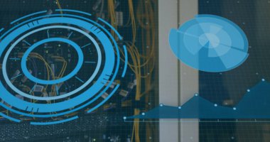 Sunucu odasında veri işleme resmi. Küresel bilim, bağlantılar, veri işleme ve dijital arayüz kavramı dijital olarak oluşturuldu.