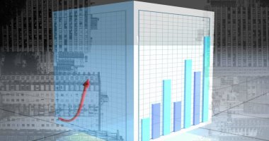 Dönen kutunun üzerinde hareket eden finansal grafiklerin resmi. Küresel ticaret, finans ve ekonomi kavramı dijital olarak üretilen imaj.