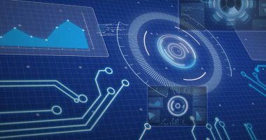 Arayüzdeki dijital simge ve veri işleme resimleri. dijital arayüz, iletişim ve teknoloji konsepti dijital olarak oluşturulmuş görüntü.