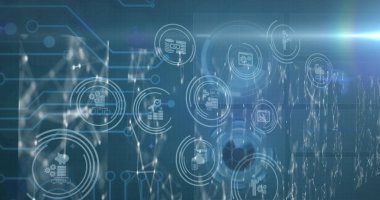 Bilgisayar anakart ve bağlantı ağları üzerinden iş iletişimi simgeleri. İş, küresel iletişim ve dijital arayüz kavramı dijital olarak oluşturulmuş görüntü.