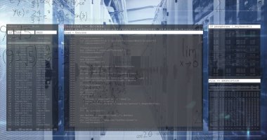 Matematik problemleri, bilgisayar betiği programlama ve arayüz teknolojisi iş başında, veri işleme ve dijital bilgi bir bilgisayar sunucu ağı üzerinden akıyor