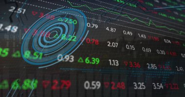 Şehir manzarası üzerinde veri işleme resmi. küresel iş ve dijital arayüz kavramı dijital olarak oluşturulmuş görüntü.