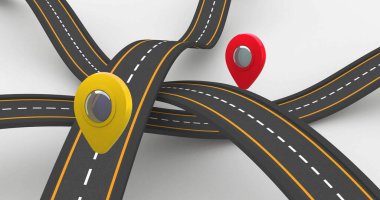 Beyaz arka plandaki yolların üzerindeki konum işaretlerinin resmi. Ulaşım, trafik, navigasyon ve teknoloji konsepti dijital olarak oluşturuldu.